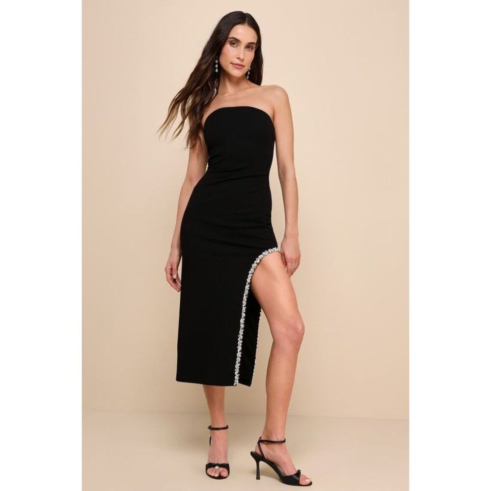 Captivating Glam Black Rhinestone Strapless Bodycon Midi Dress Lulus size xs NWT